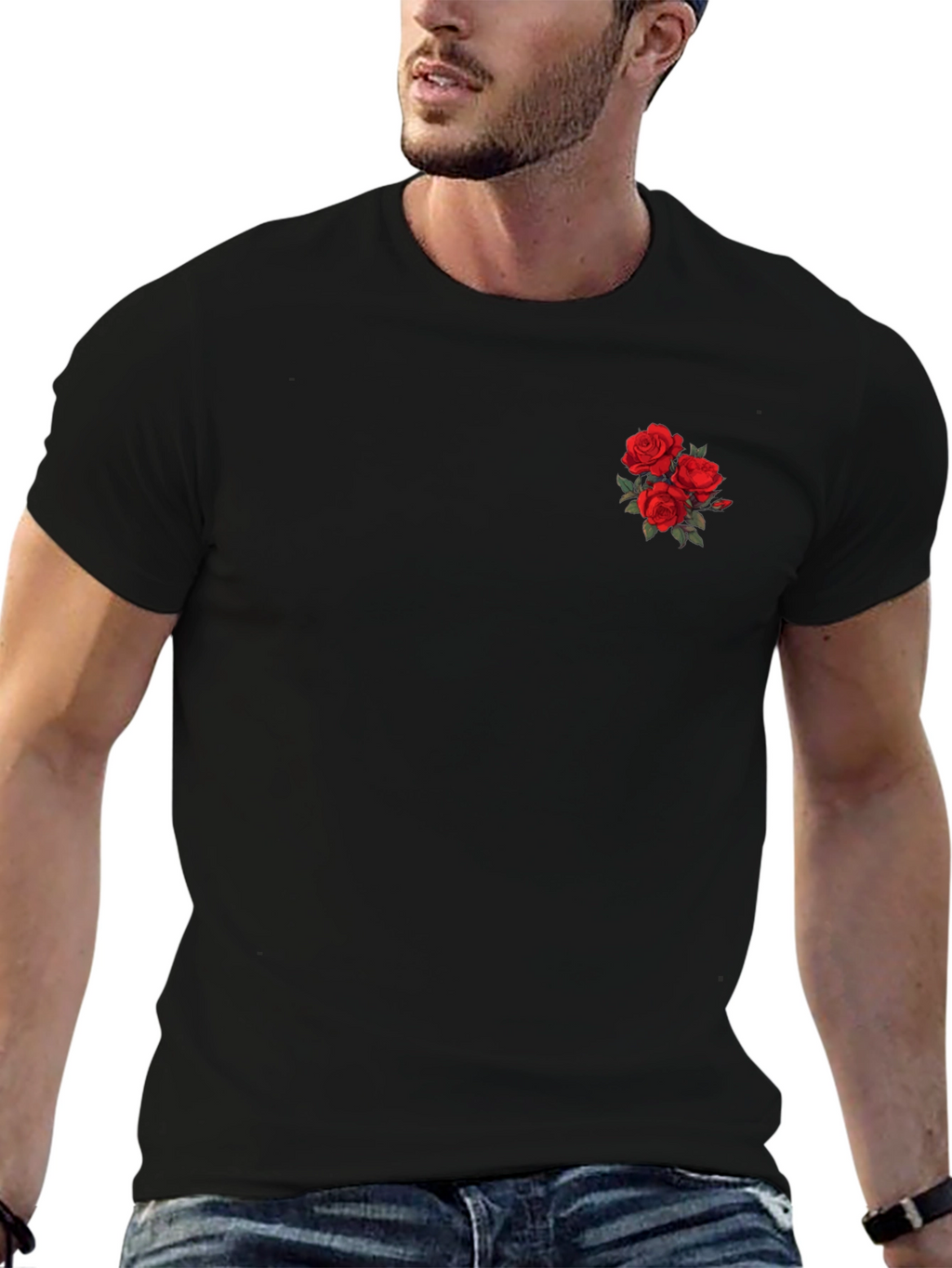 Black T-Shirt with Rose Embroidery