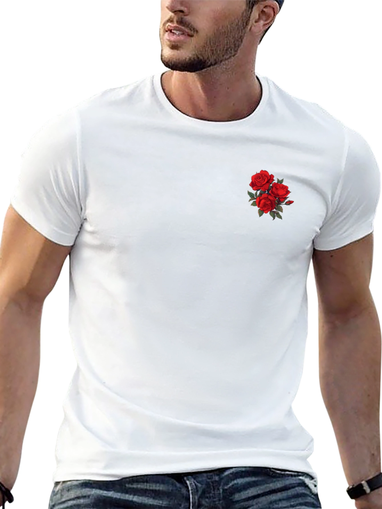 Black T-Shirt with Rose Embroidery