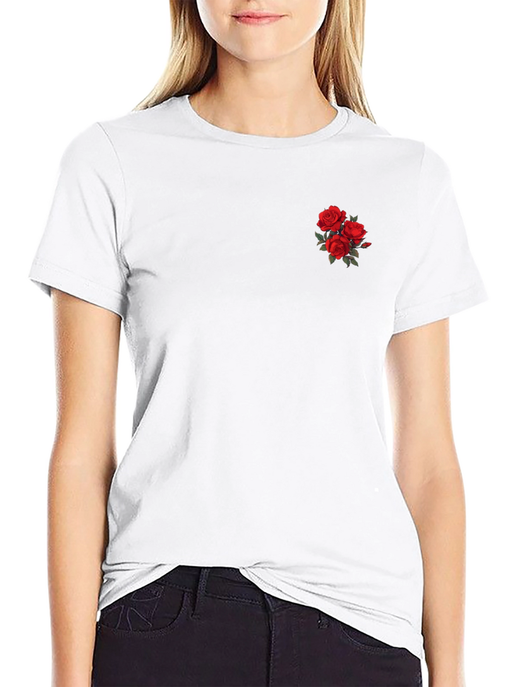 Black T-Shirt with Rose Embroidery