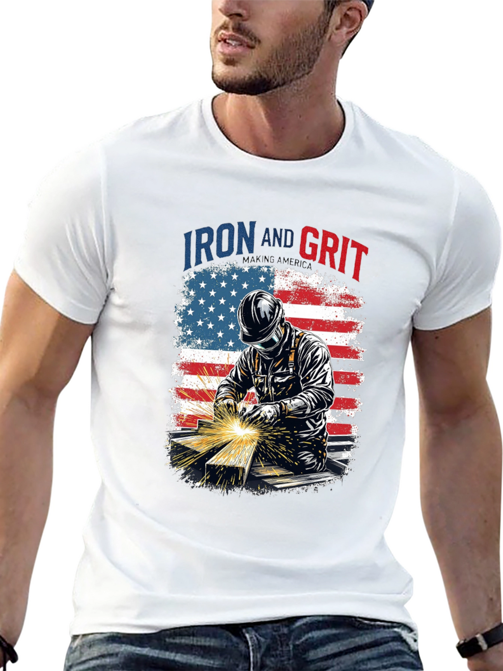 Iron and Grit Welder T-Shirt - Patriotic Design