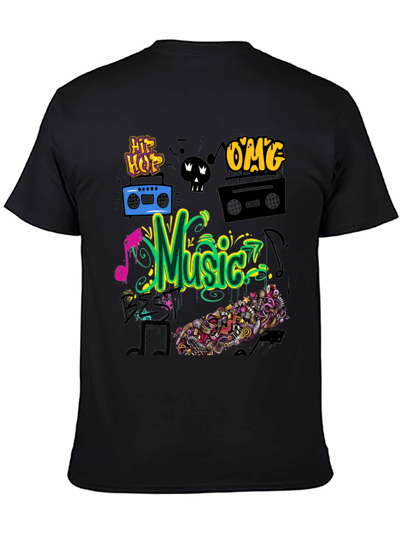 Music Graphic Tee - Black Cotton Hip Hop Style