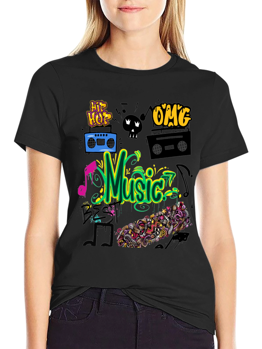 Music Graphic Tee - Black Cotton Hip Hop Style