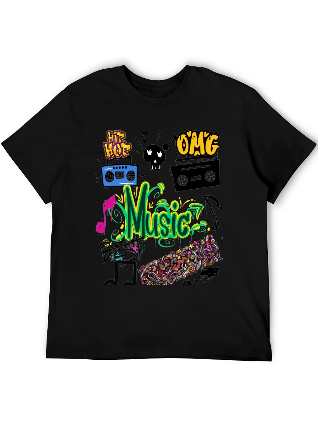 Music Graphic Tee - Black Cotton Hip Hop Style