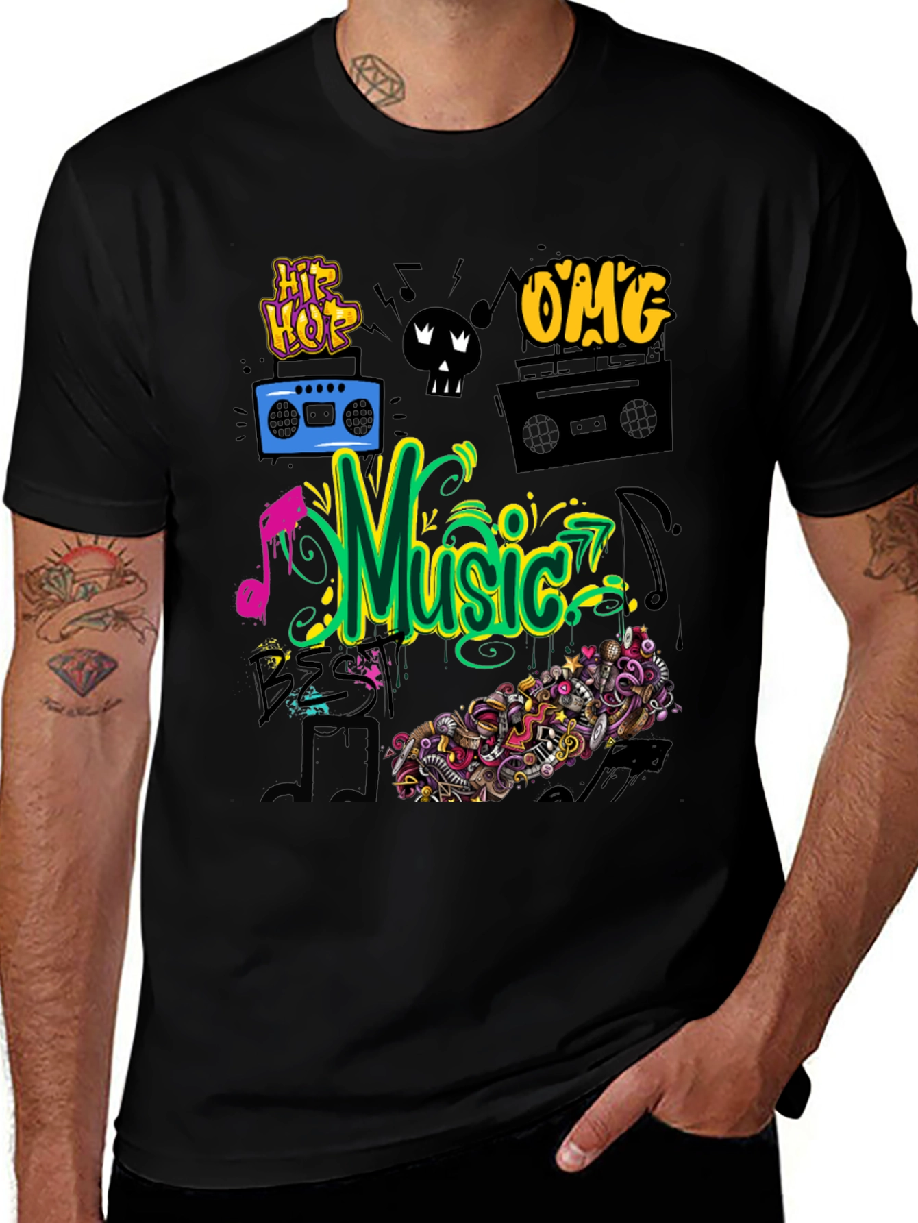 Music Graphic Tee - Black Cotton Hip Hop Style