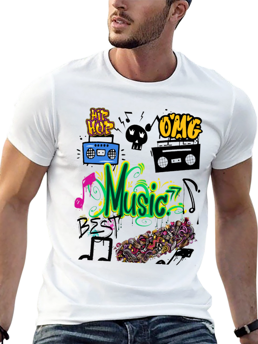 Music Graphic Tee - Black Cotton Hip Hop Style
