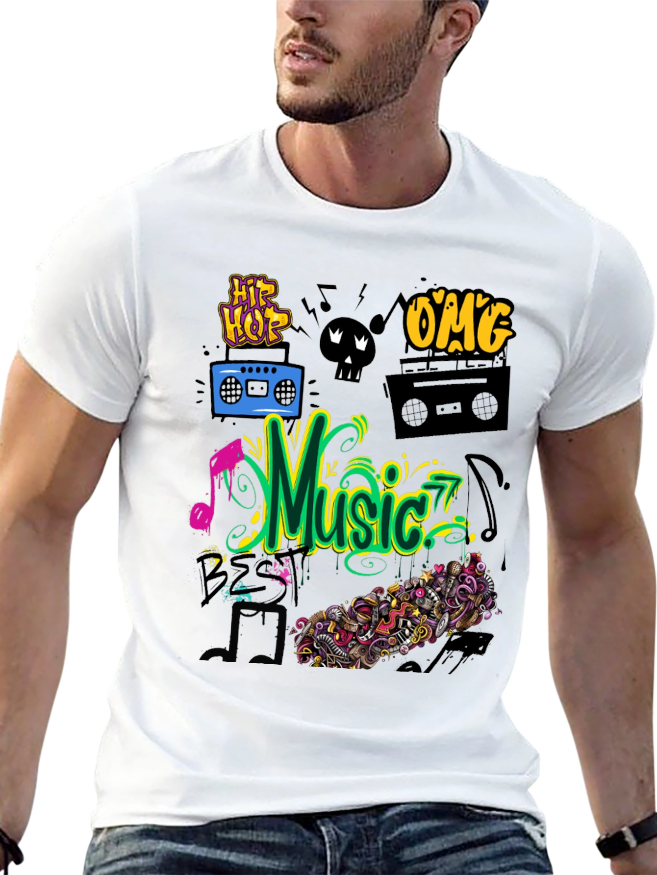 Music Graphic Tee - Black Cotton Hip Hop Style