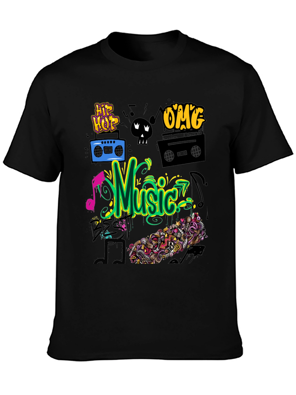 Music Graphic Tee - Black Cotton Hip Hop Style
