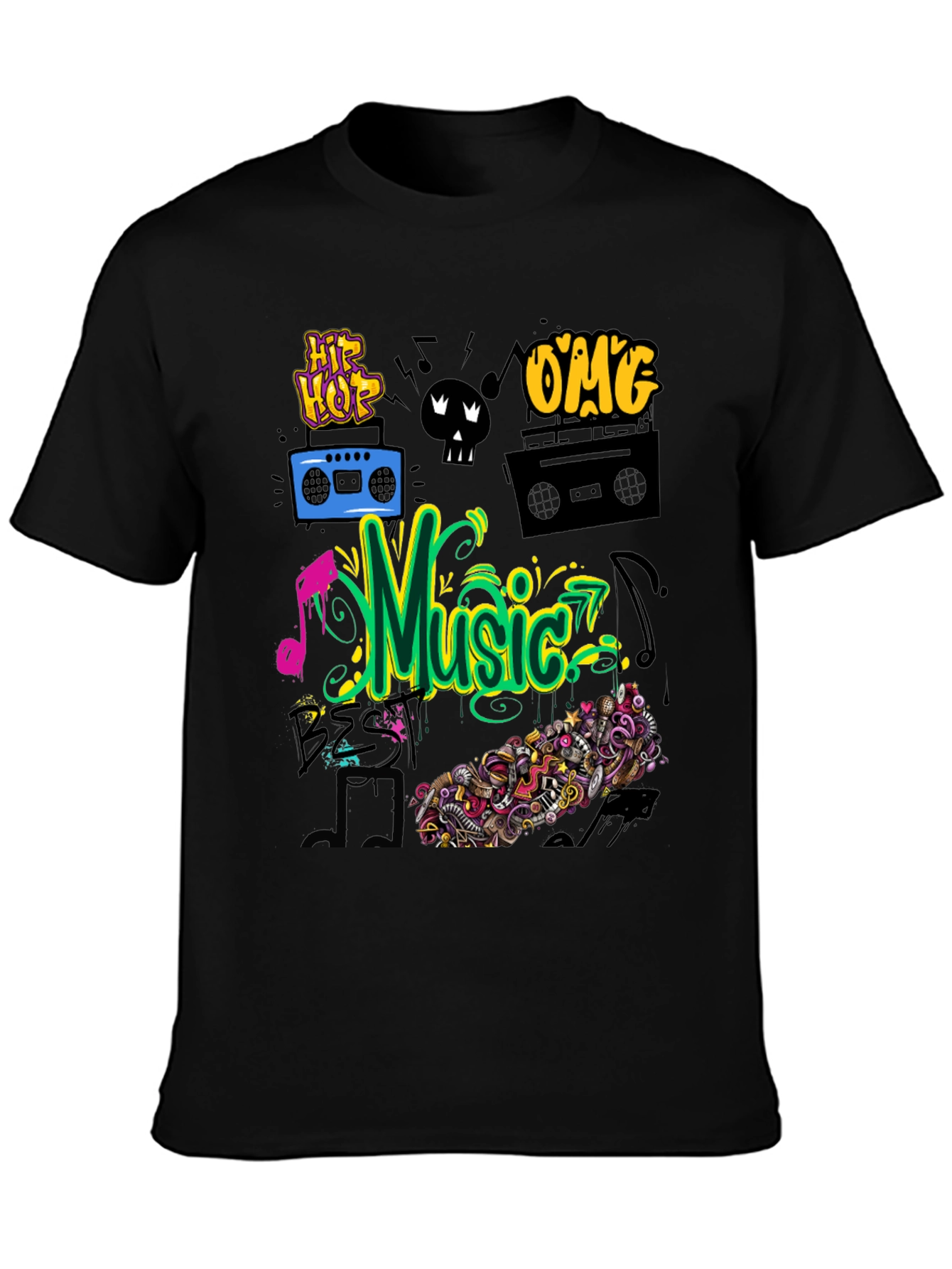 Music Graphic Tee - Black Cotton Hip Hop Style