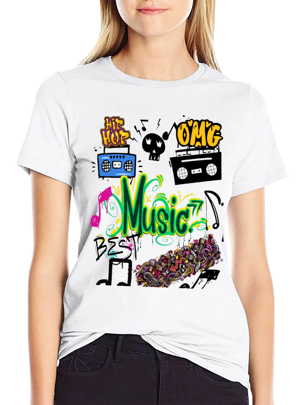 Music Graphic Tee - Black Cotton Hip Hop Style