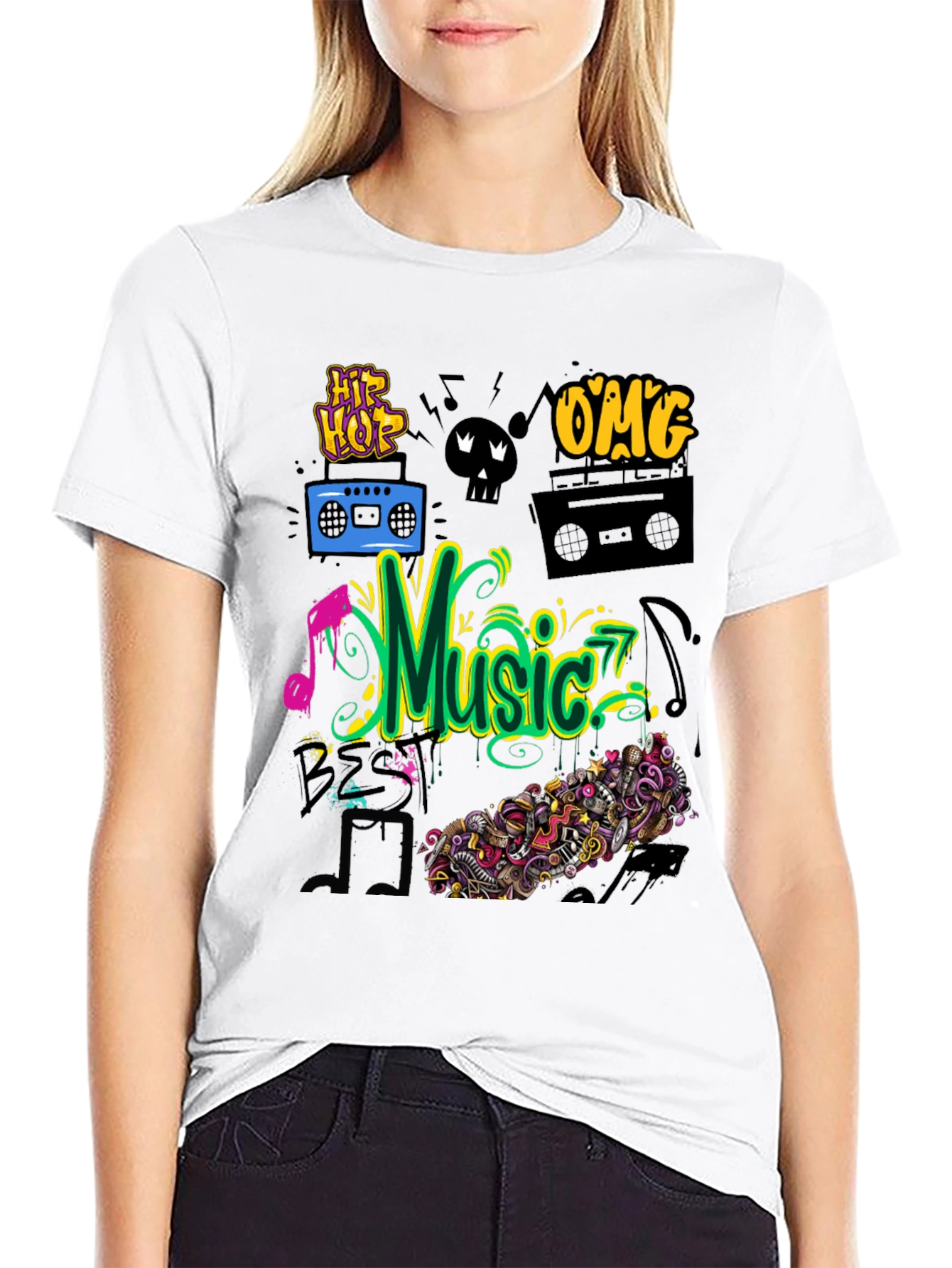 Music Graphic Tee - Black Cotton Hip Hop Style