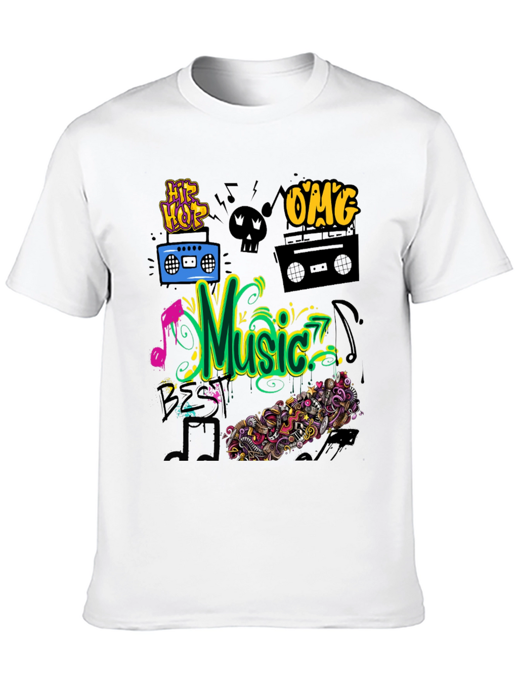 Music Graphic Tee - Black Cotton Hip Hop Style