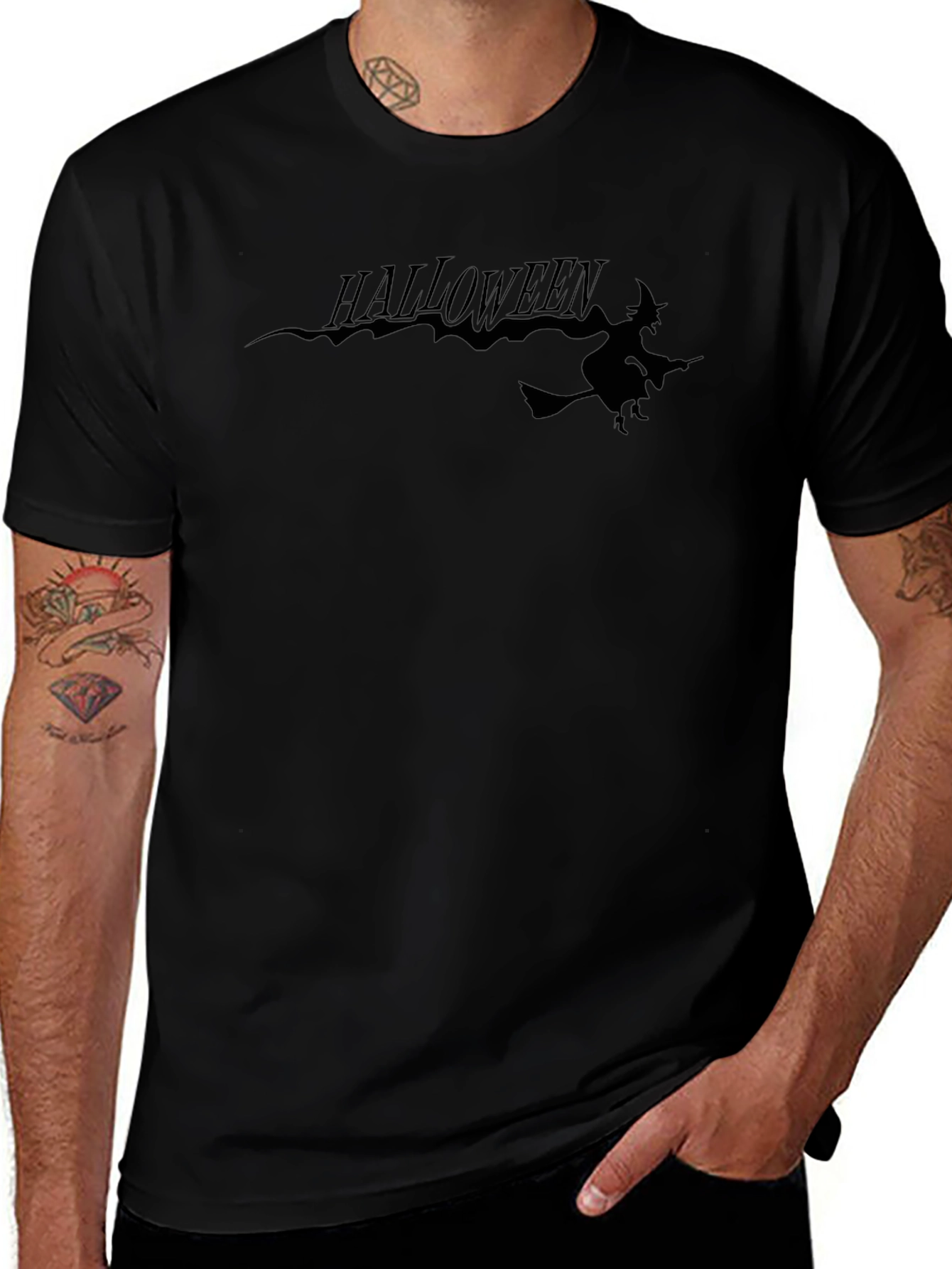 Halloween Witch Graphic Tee - Black Cotton T-Shirt
