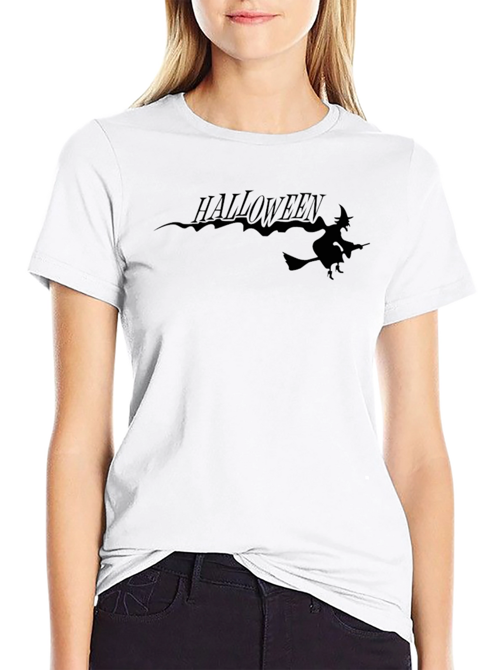 Halloween Witch Graphic Tee - Black Cotton T-Shirt
