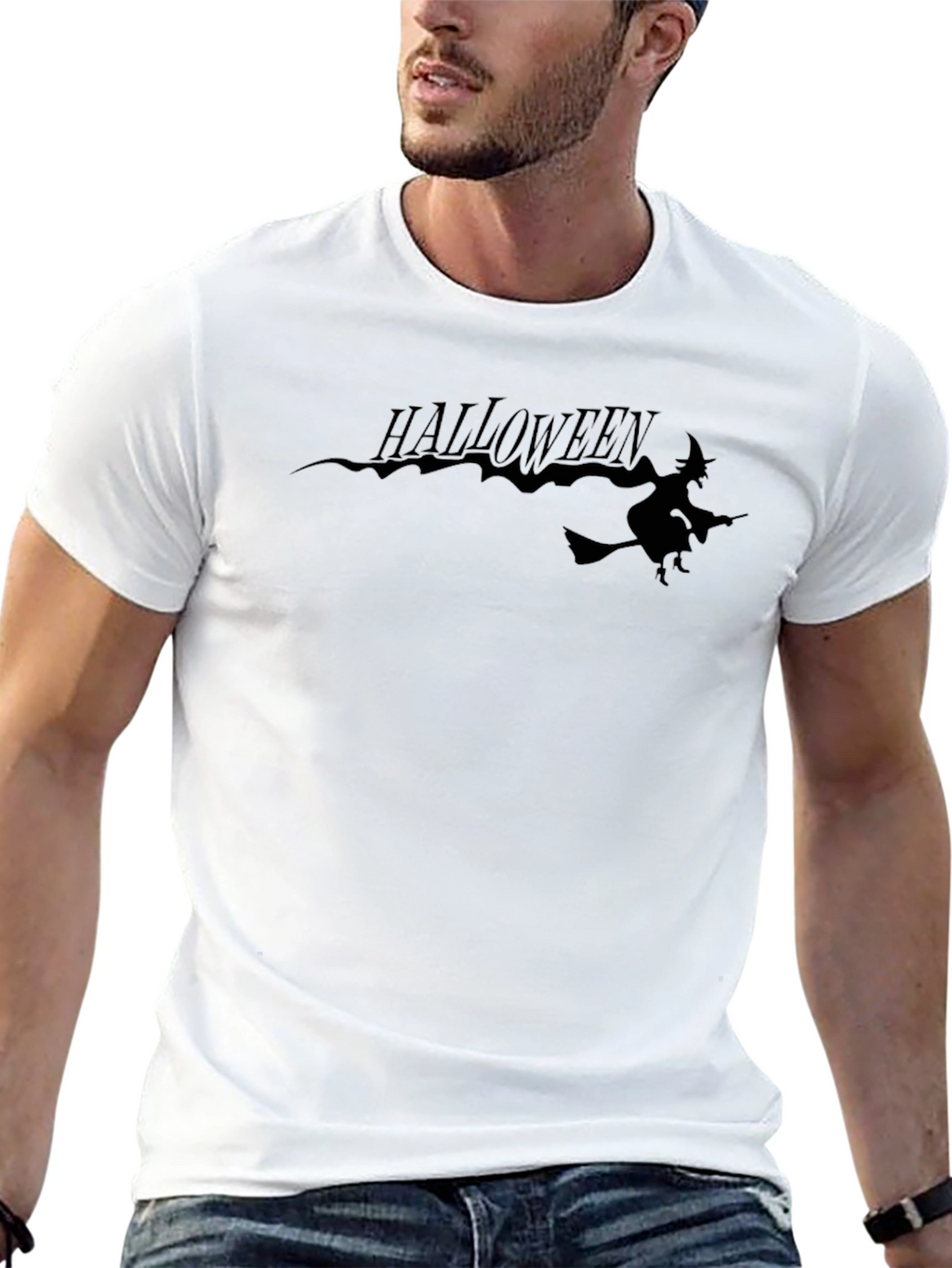 Halloween Witch Graphic Tee - Black Cotton T-Shirt