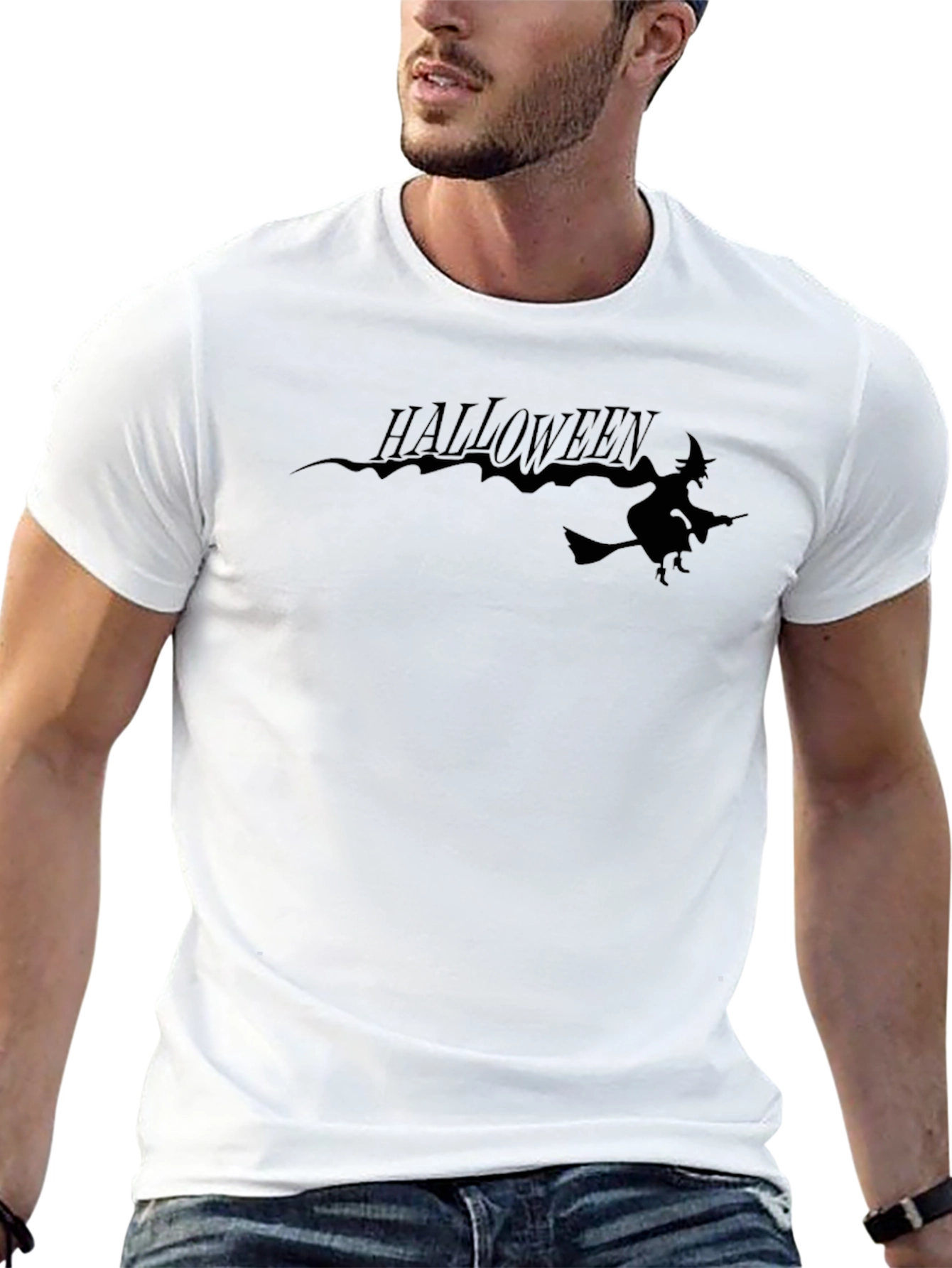 Halloween Witch Graphic Tee - Black Cotton T-Shirt