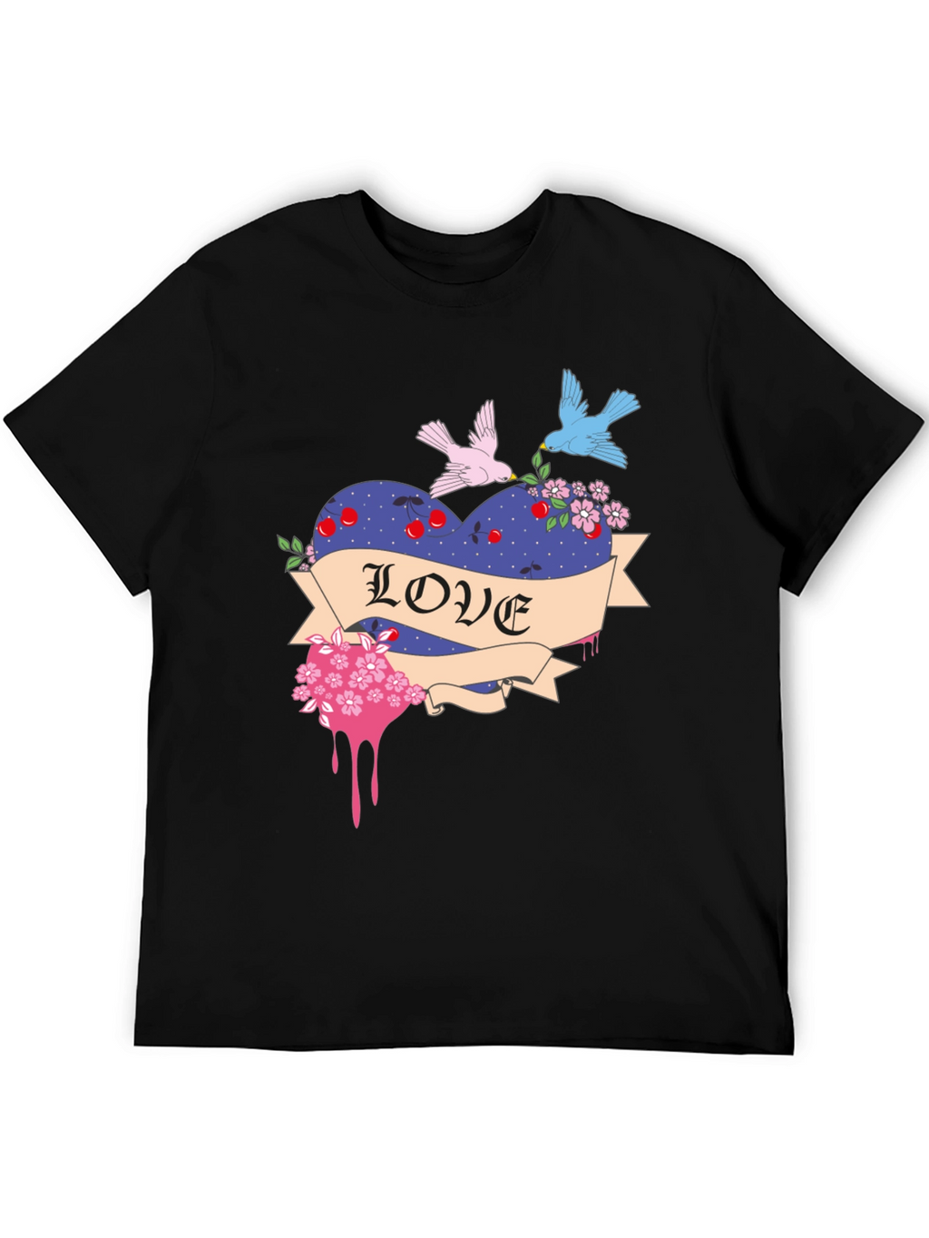 Love Heart Birds Graphic Black T-Shirt