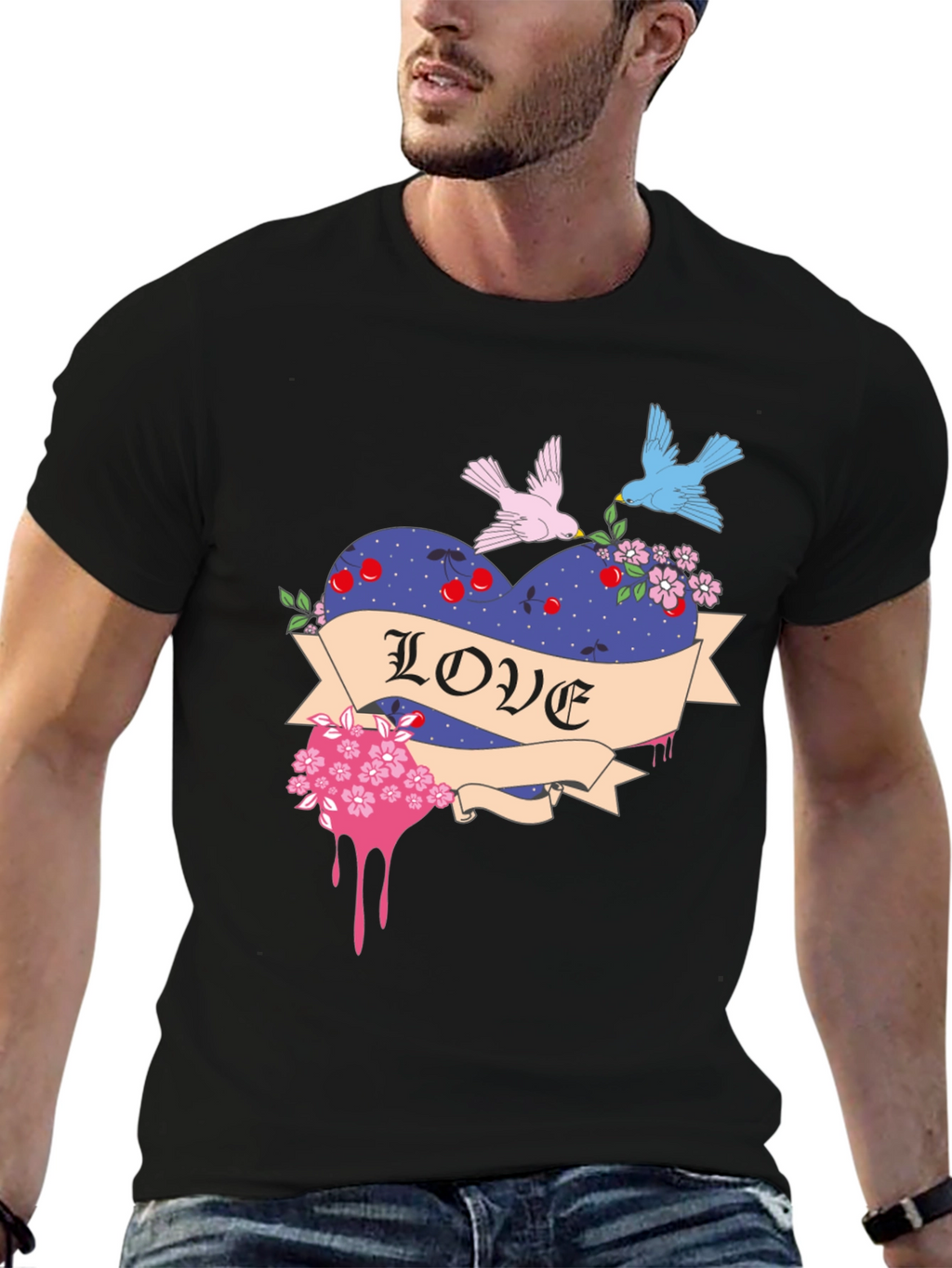 Love Heart Birds Graphic Black T-Shirt