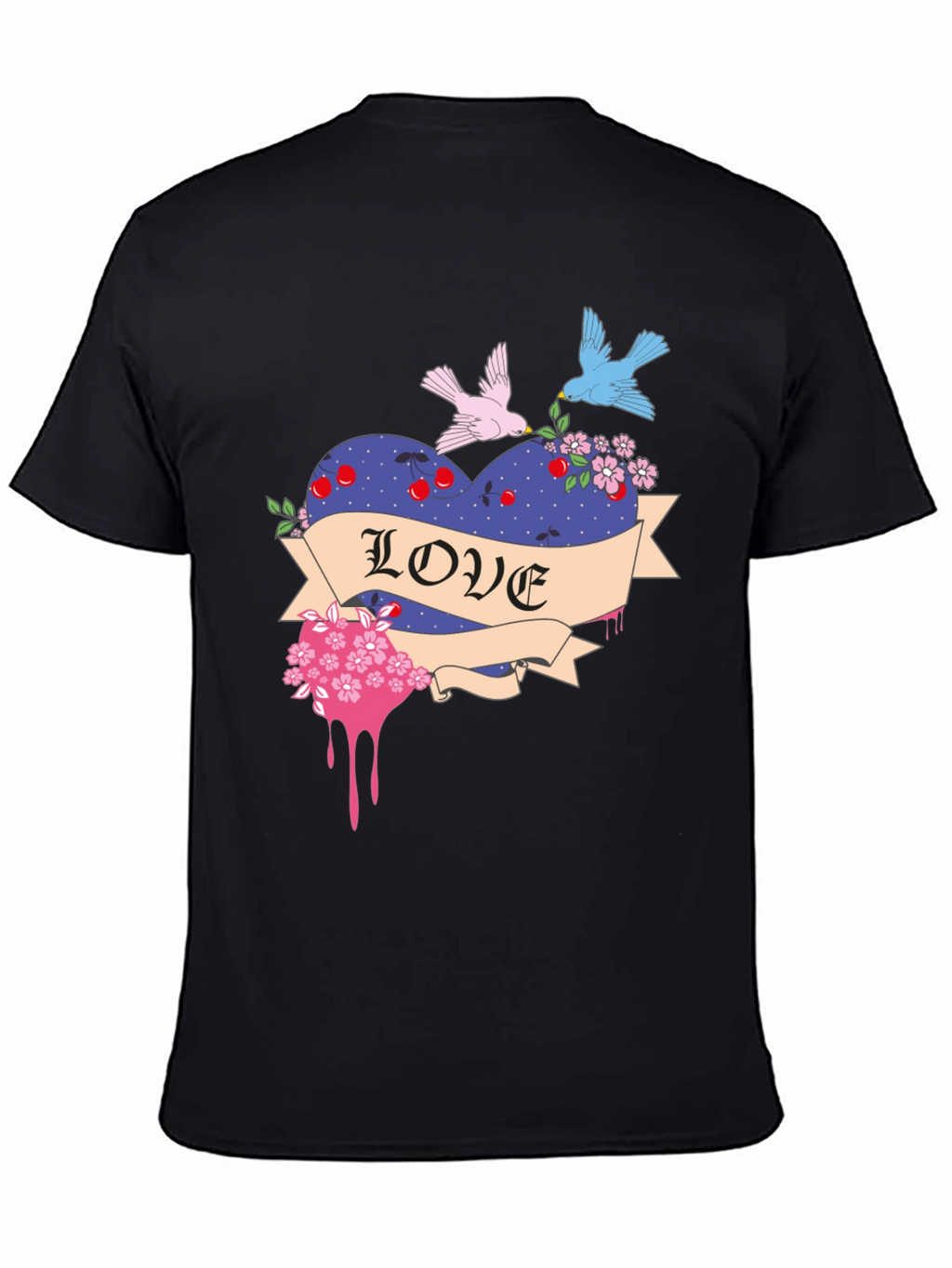 Love Heart Birds Graphic Black T-Shirt