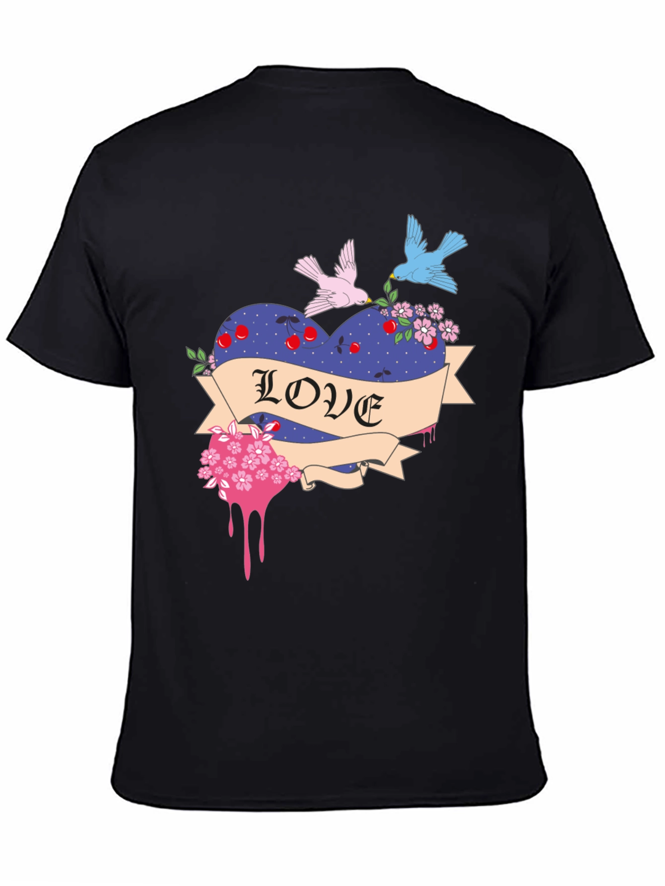 Love Heart Birds Graphic Black T-Shirt