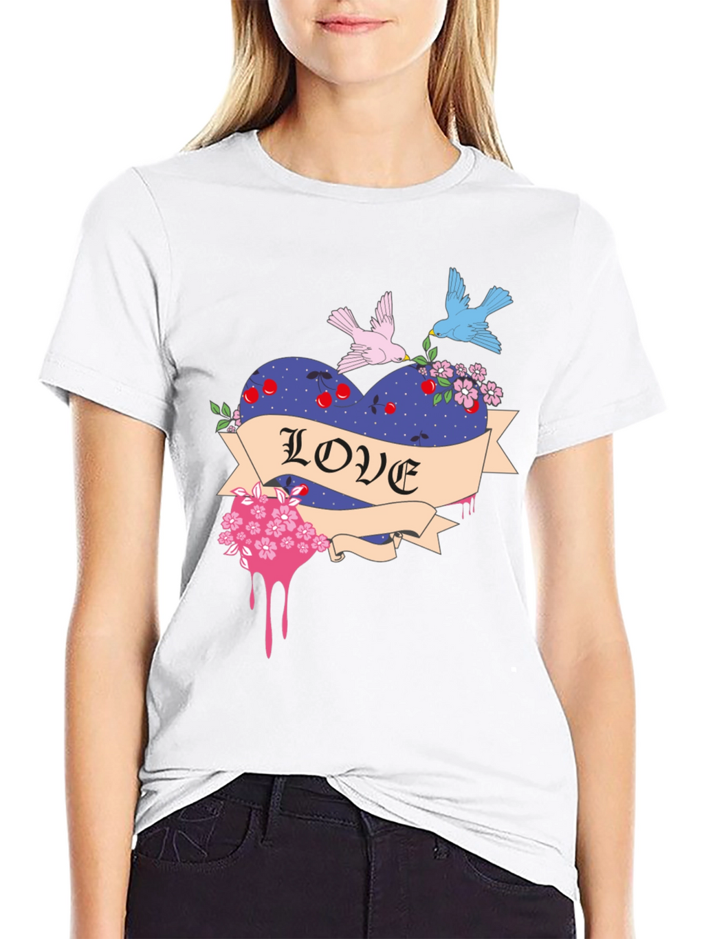 Love Heart Birds Graphic Black T-Shirt