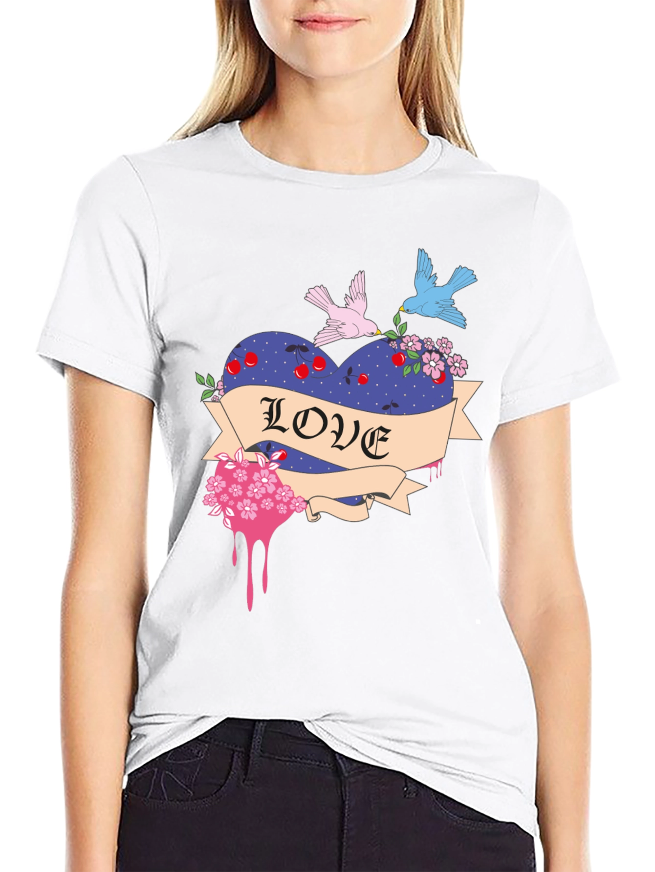 Love Heart Birds Graphic Black T-Shirt