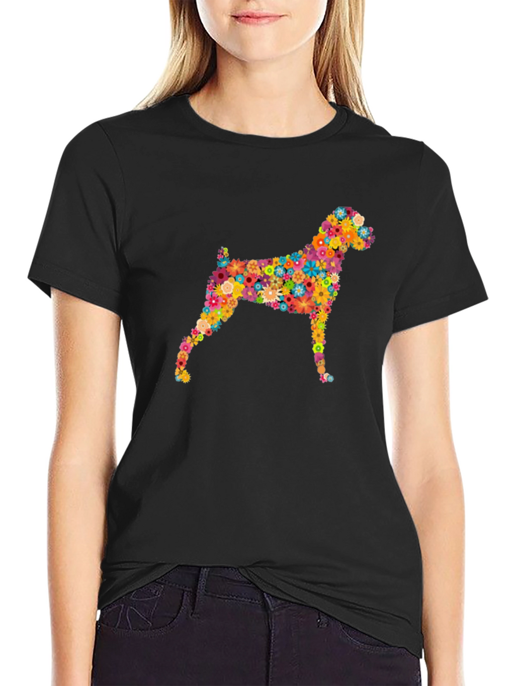 Floral Dog Print Black Tee