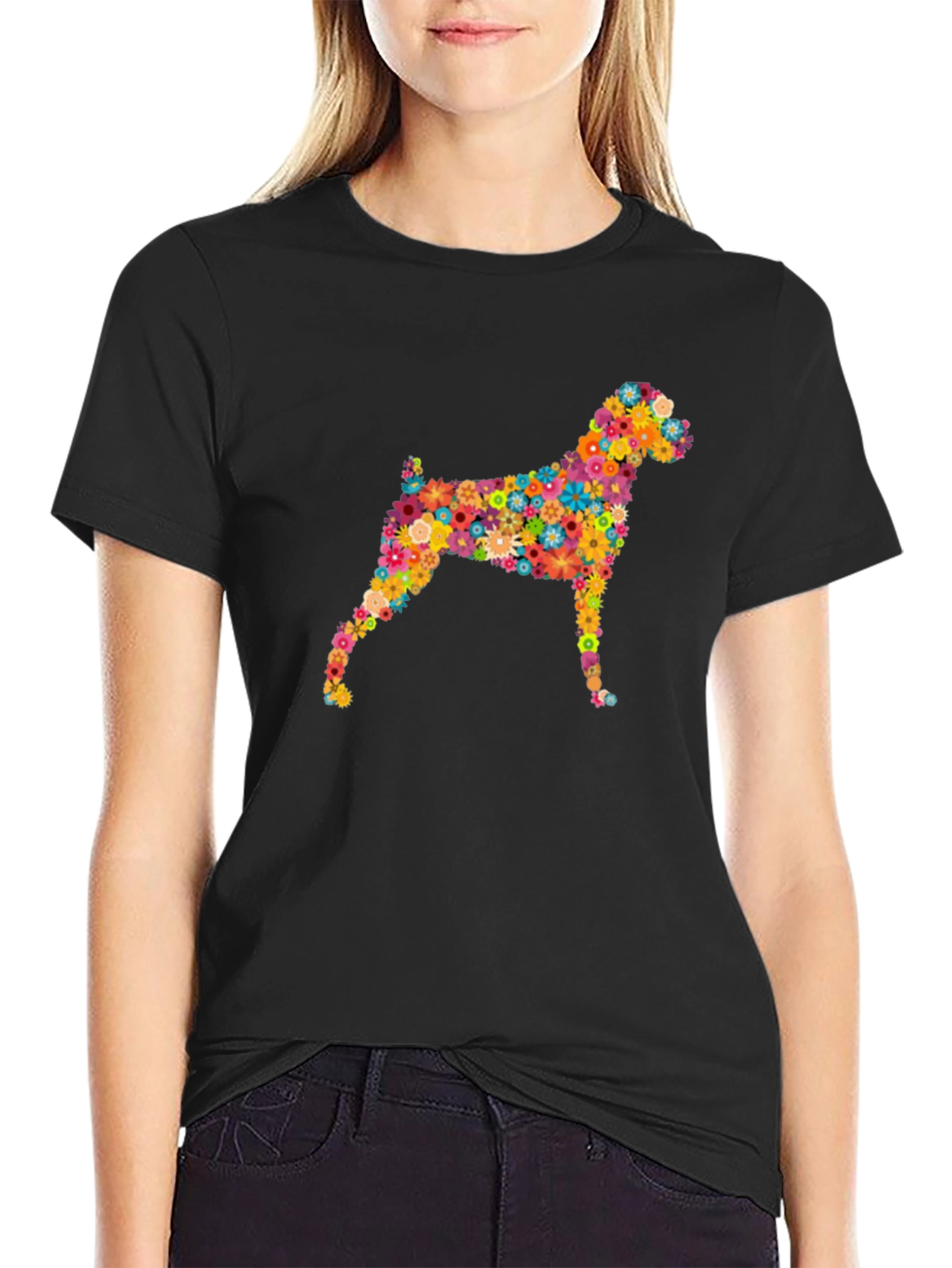 Floral Dog Print Black Tee