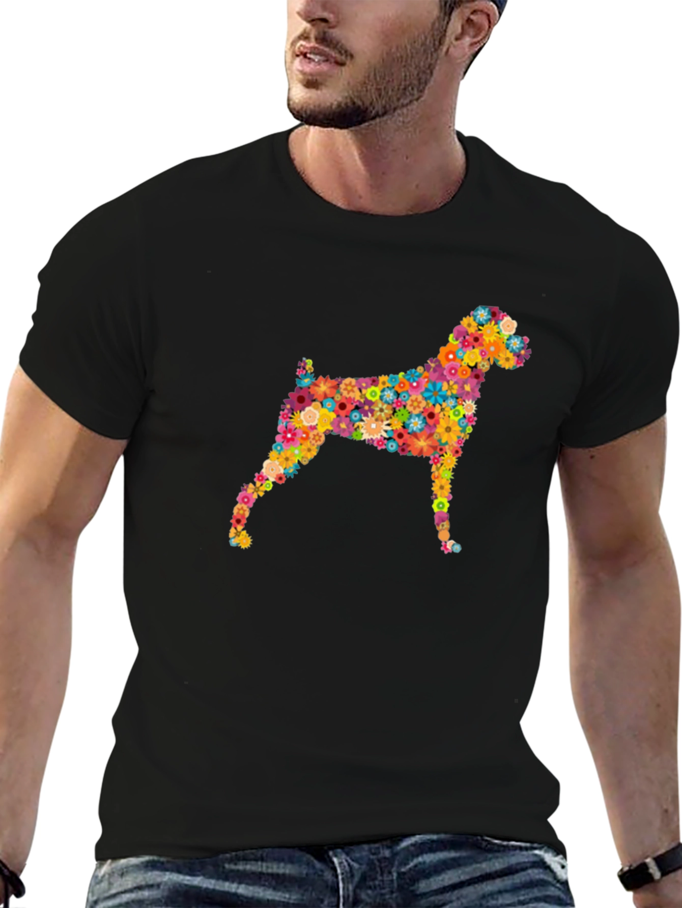 Floral Dog Print Black Tee