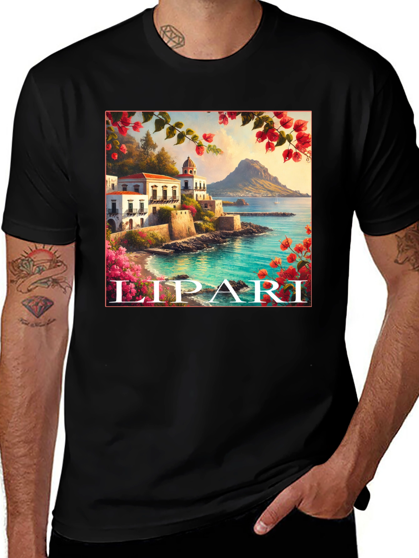 Lipari Island Graphic Tee - Black Cotton T-Shirt