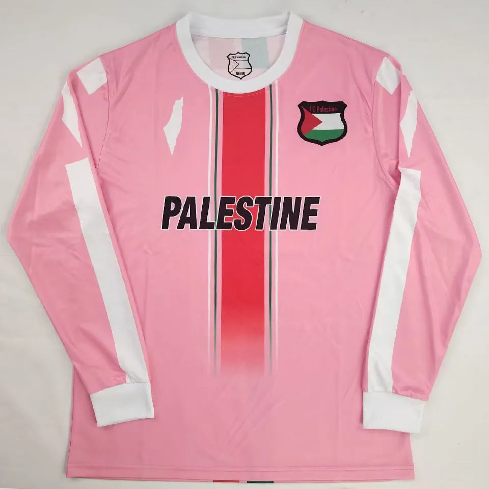 2024 Palestine Pink Long Sleeve Fans Soccer Jersey 胸前英文 Front