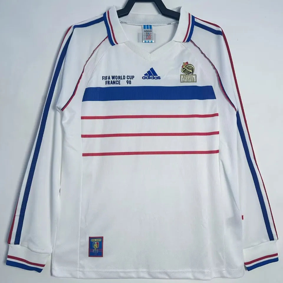 1998 France Away White Long Sleeve Retro Soccer Jersey Front