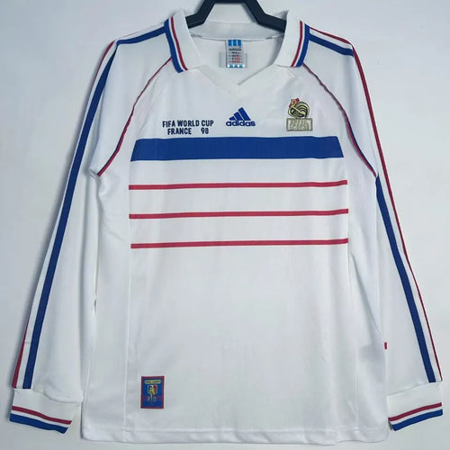 1998 France Away White Long Sleeve Retro Soccer Jersey Front