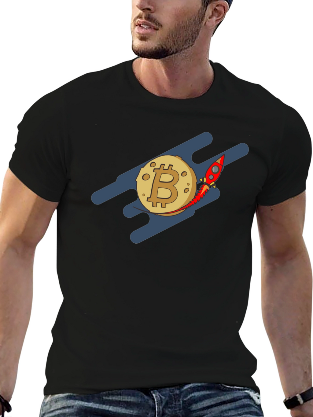 Bitcoin Rocket to the Moon Black T-Shirt