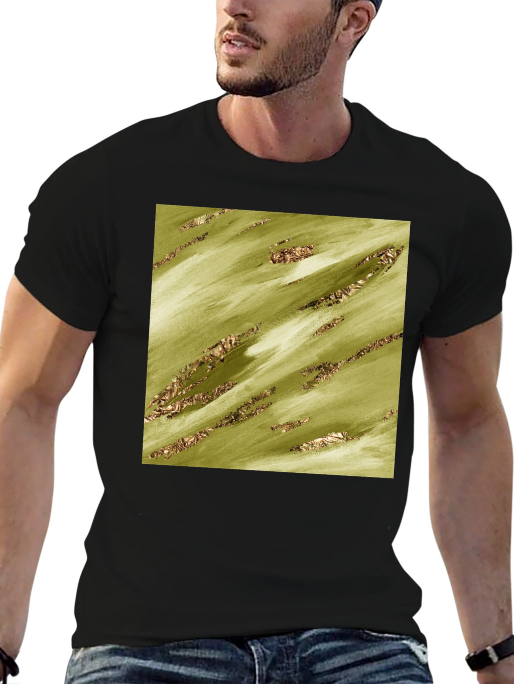 Olive Green Gold Streak Pattern Tee