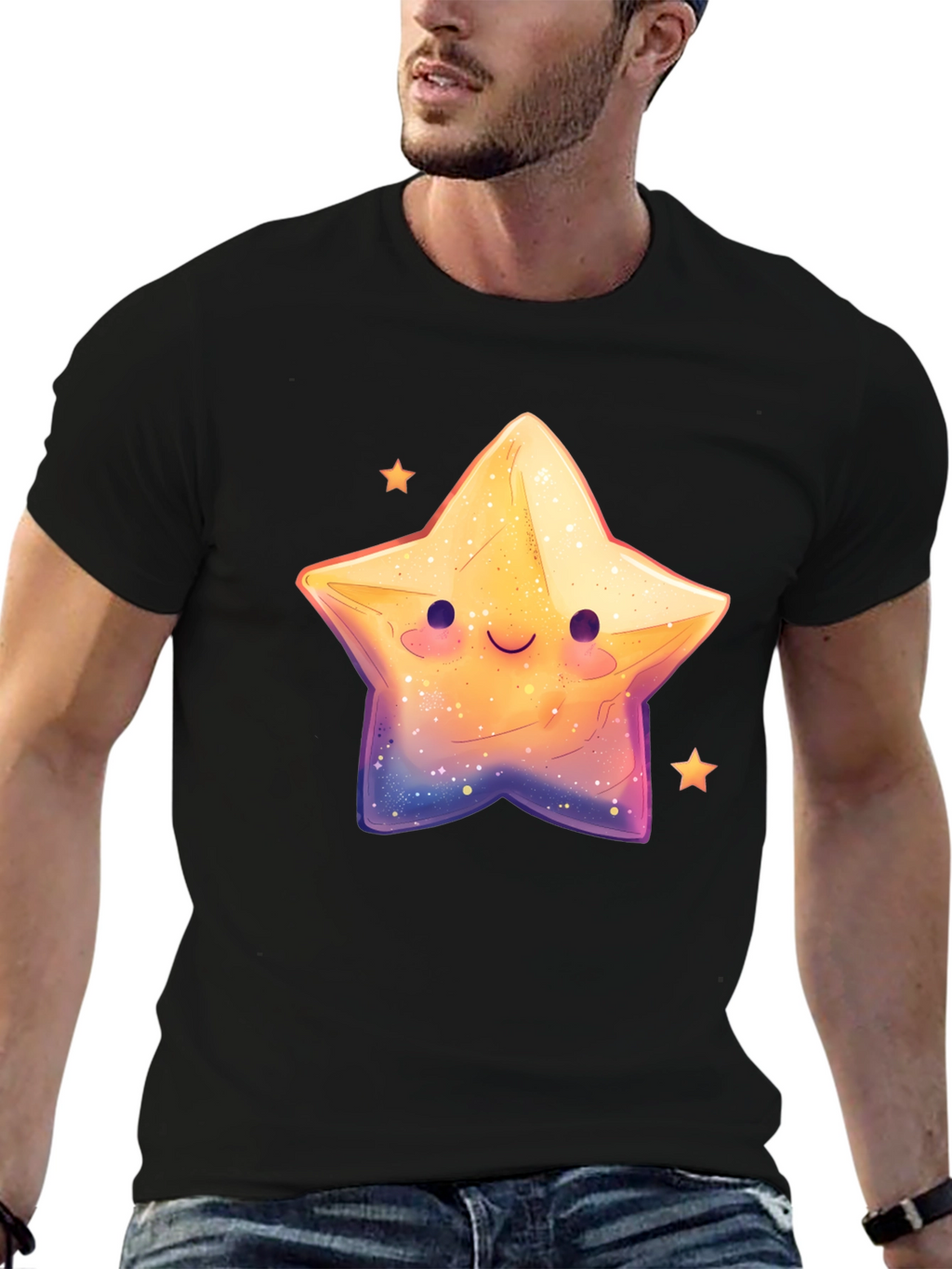 Cute Smiling Star Graphic Tee - Black