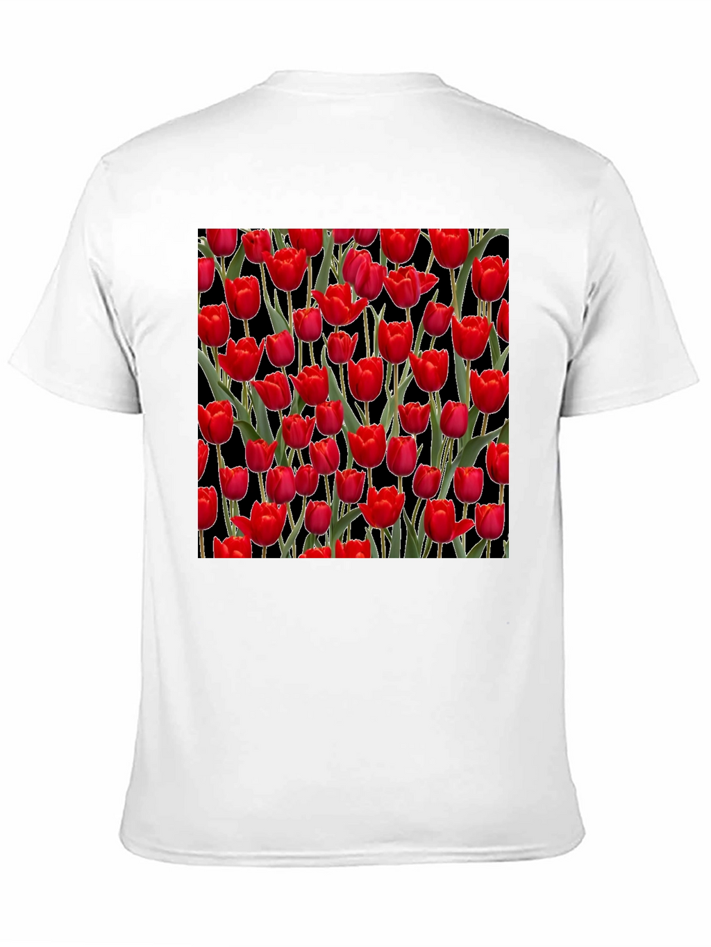 Red Tulip Pattern Black T-Shirt