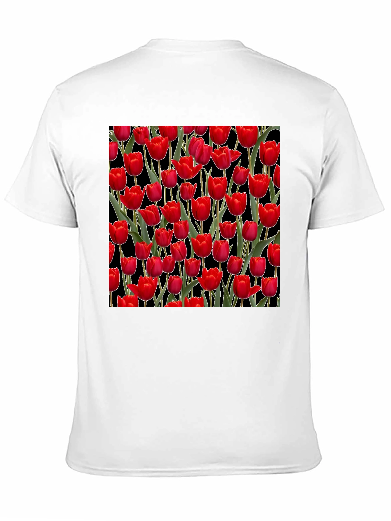 Red Tulip Pattern Black T-Shirt