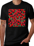 Red Tulip Pattern Black T-Shirt