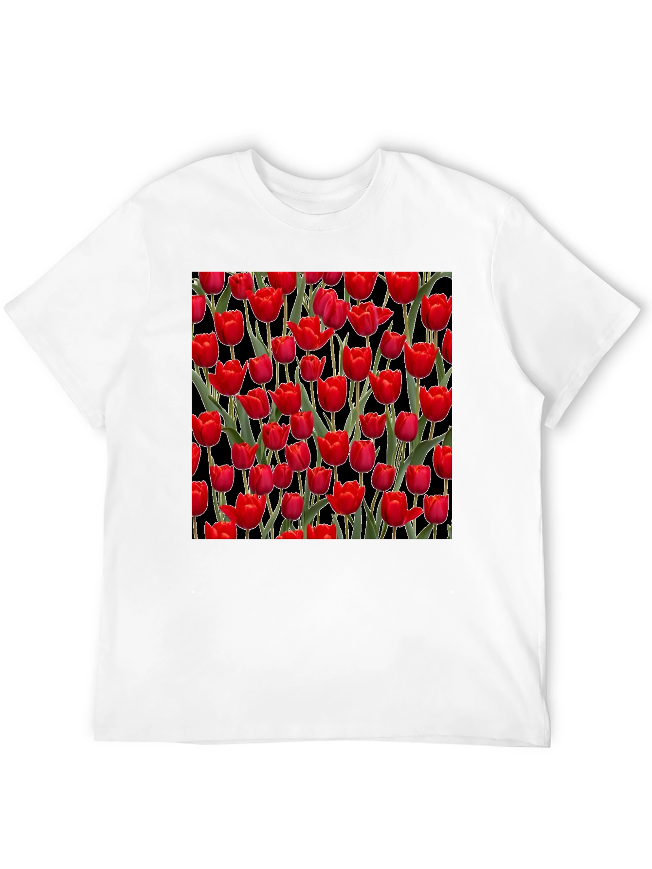 Red Tulip Pattern Black T-Shirt