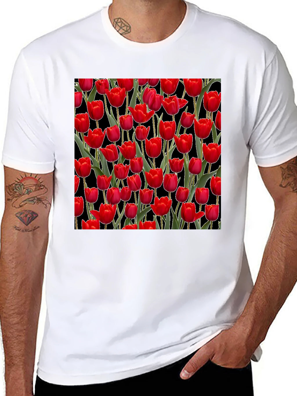 Red Tulip Pattern Black T-Shirt