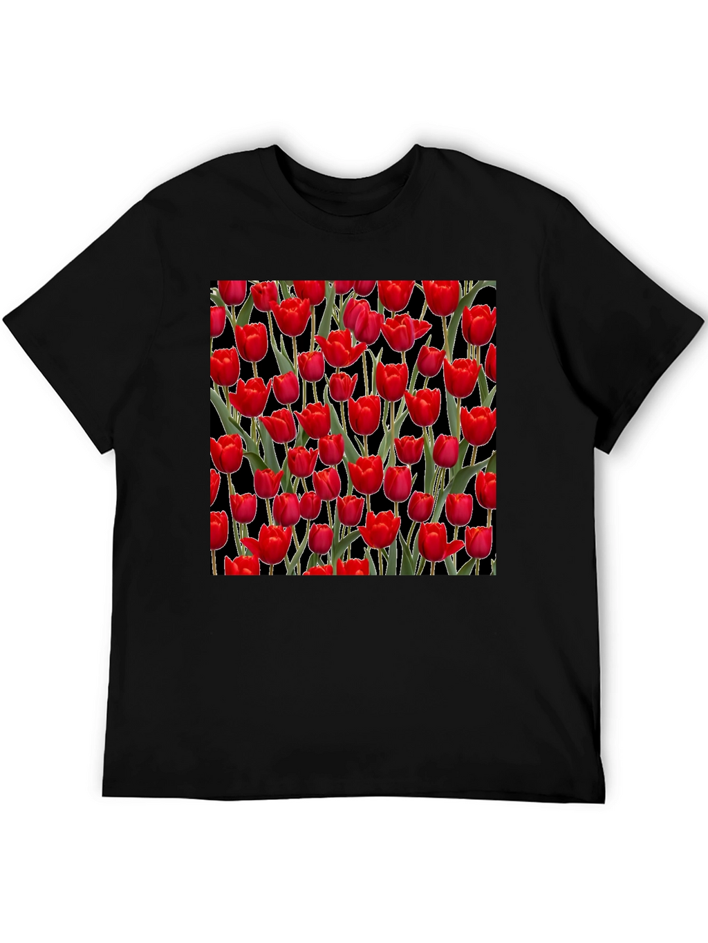 Red Tulip Pattern Black T-Shirt