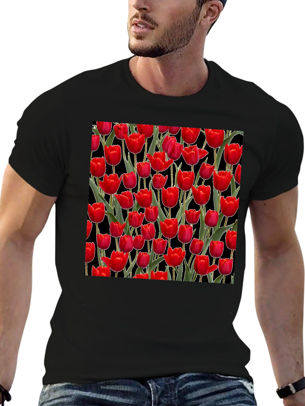 Red Tulip Pattern Black T-Shirt