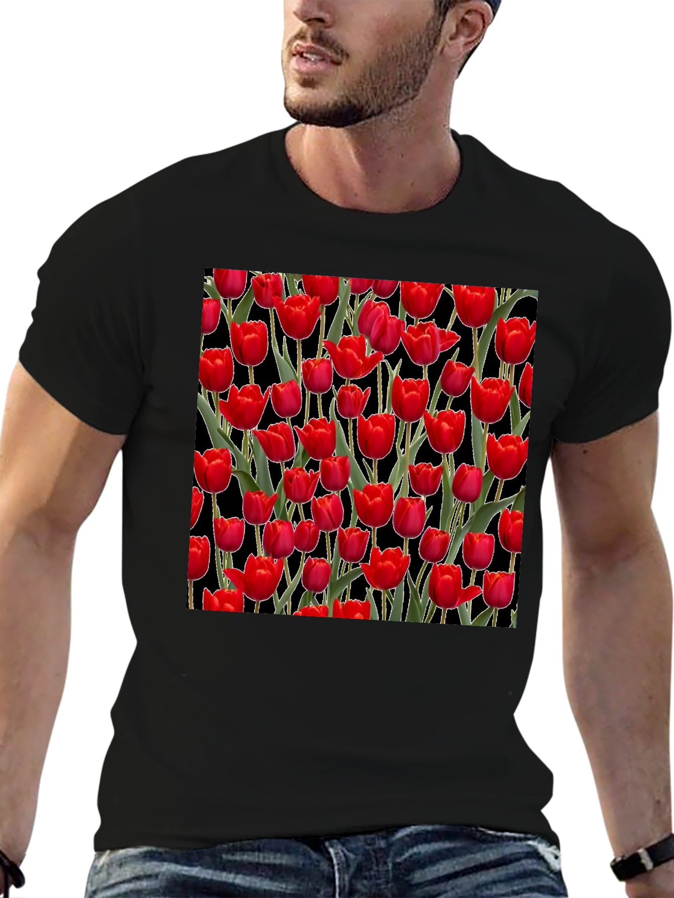 Red Tulip Pattern Black T-Shirt
