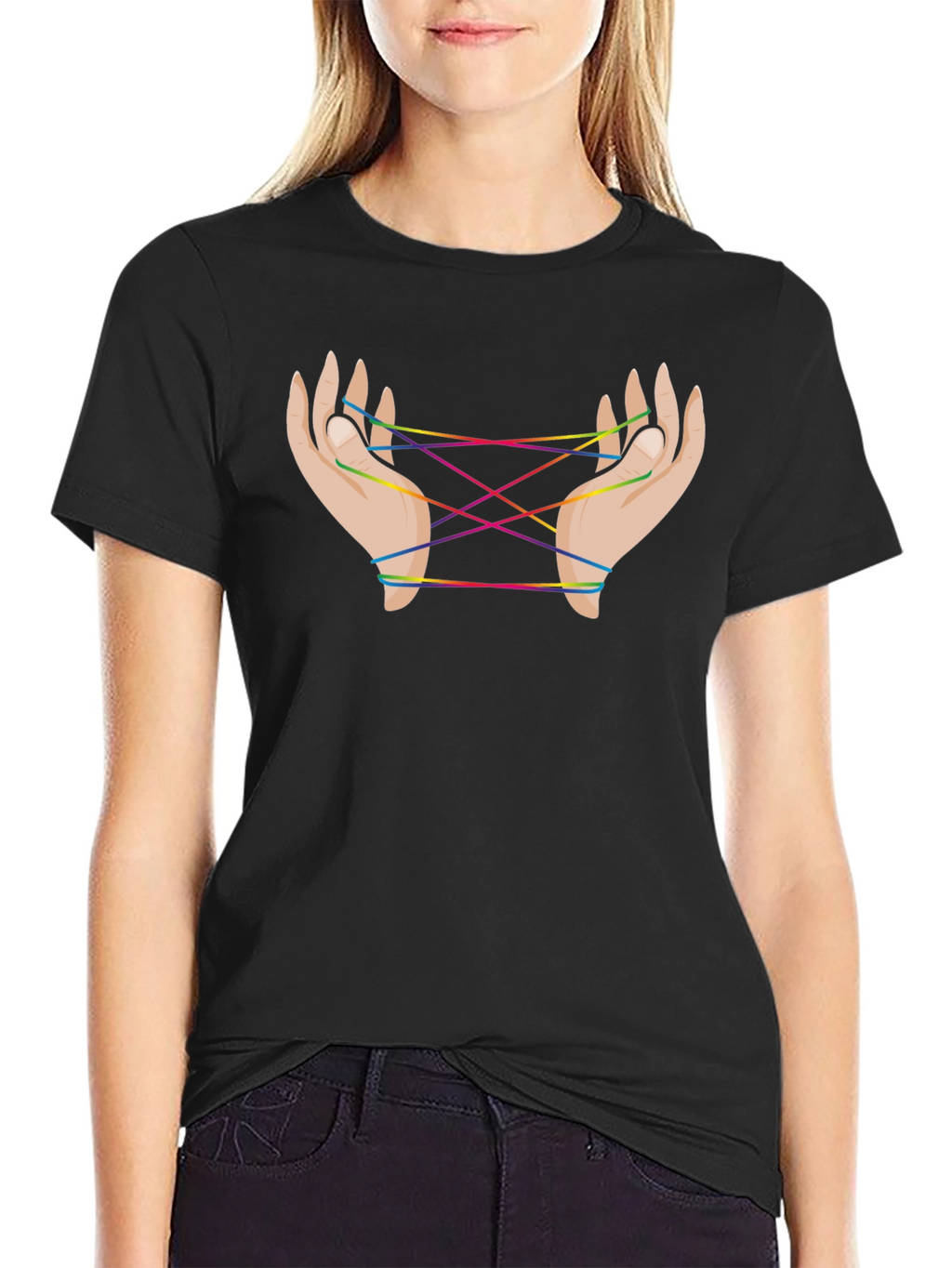Rainbow String Hands Black Tee