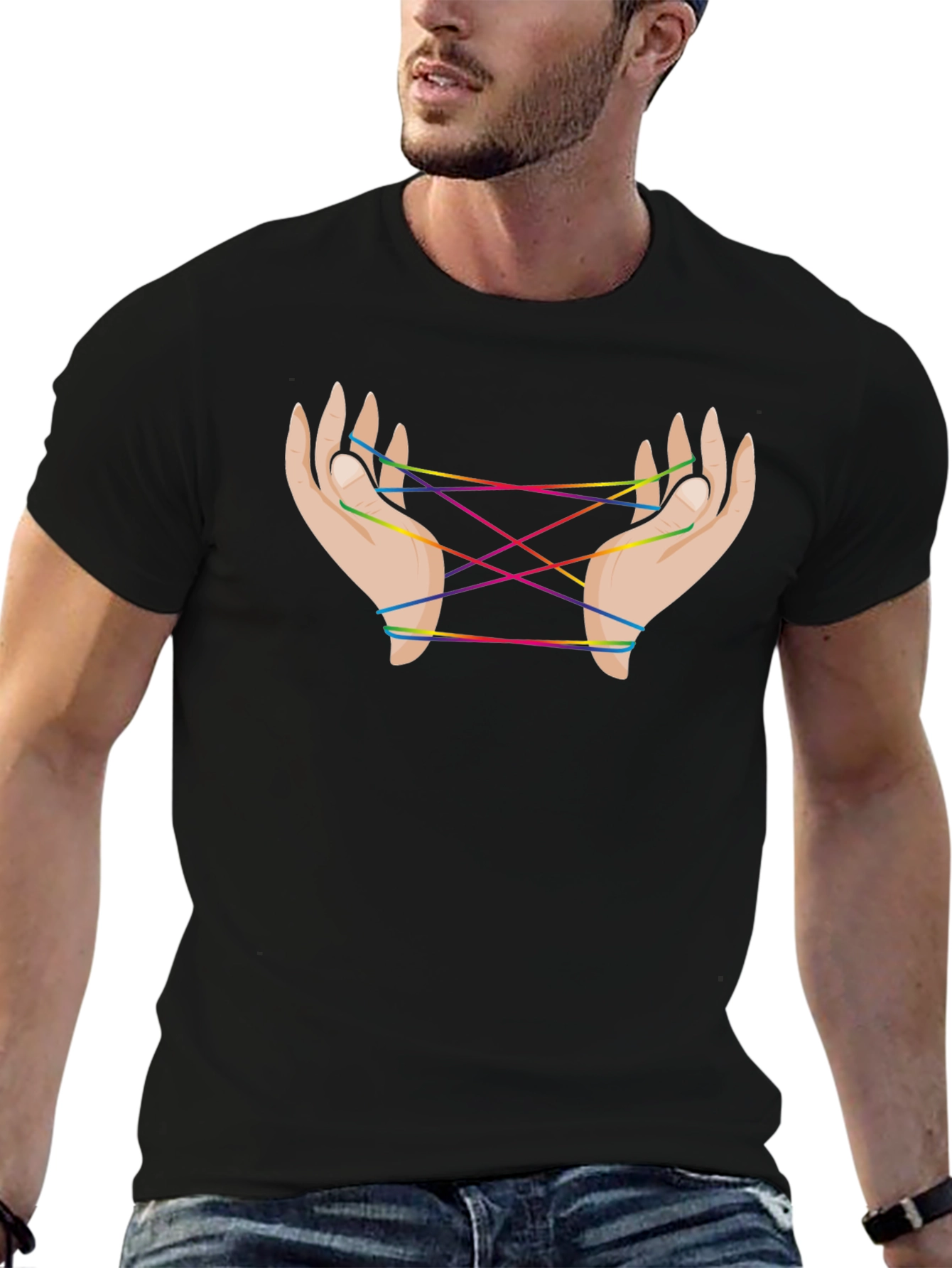 Rainbow String Hands Black Tee