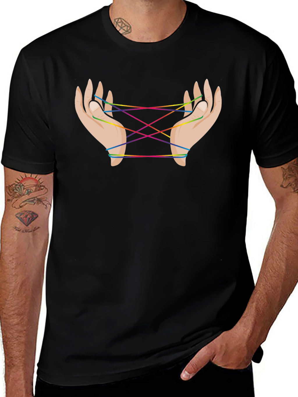 Rainbow String Hands Black Tee