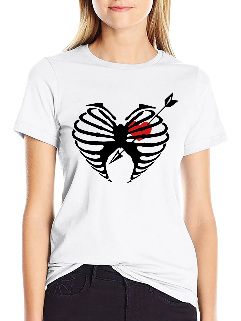 Heart Ribcage Arrow Graphic Tee - Black Cotton T-Shirt