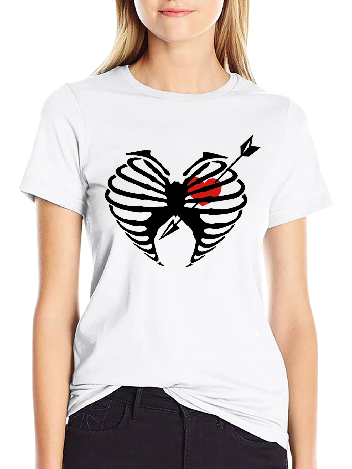 Heart Ribcage Arrow Graphic Tee - Black Cotton T-Shirt