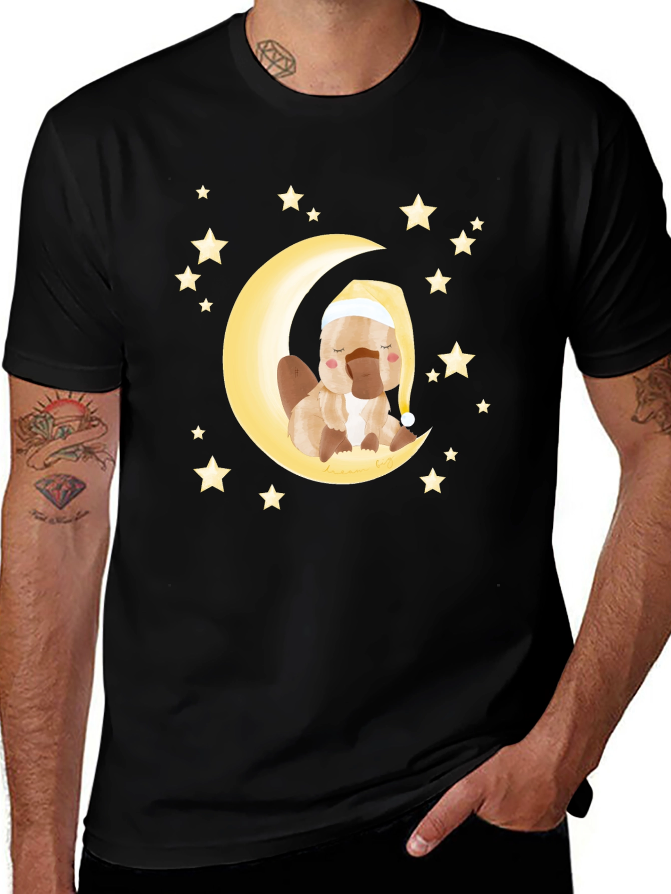 Cute Cartoon Platypus Moon Stars Graphic T-Shirt