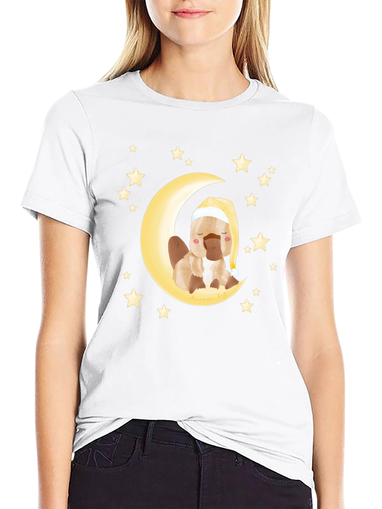 Cute Cartoon Platypus Moon Stars Graphic T-Shirt